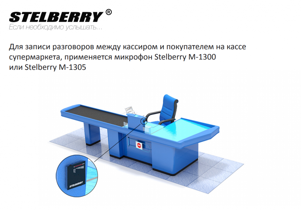 Для записи разговоров между кассиром и покупателем на кассе супермаркета, применяется микрофон Stelberry M-1300 или Stelberry M-1305 33.png